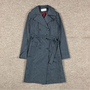 NWOT Dark Wash Blue Denim Long Double Breasted Belted Trench Coat Women’s 8 Y2K